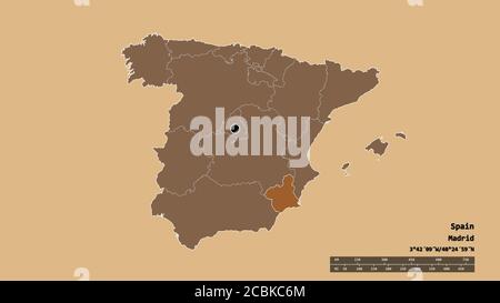 Forme désaturée de l'Espagne avec sa capitale, principale division régionale et la région séparée de Región de Murcia. Étiquettes. Composition des textures répétées Banque D'Images