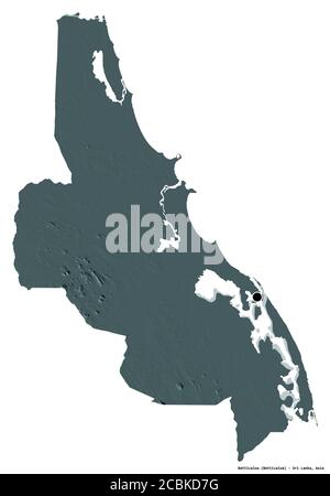 Forme de Batticaloa, district de Sri Lanka, avec sa capitale isolée sur fond blanc. Carte d'altitude en couleur. Rendu 3D Banque D'Images