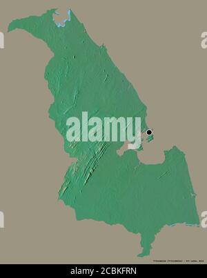 Forme de Trincomalee, district de Sri Lanka, avec sa capitale isolée sur un fond de couleur unie. Carte topographique de relief. Rendu 3D Banque D'Images