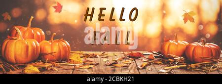 Mini-citrouilles et feuilles sur table en bois avec « Hello Fall » Message Banque D'Images