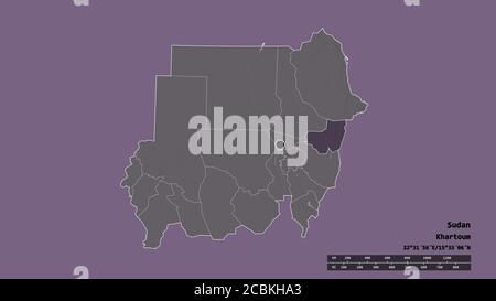 Forme désaturée du Soudan avec sa capitale, sa principale division régionale et la région séparée de Kassala. Étiquettes. Carte d'altitude en couleur. Rendu 3D Banque D'Images