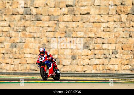 14 août 2020 ; Ciudad del Motor de Aragon, Alcaniz, Espagne ; WorldSBK, Aragon World Super Bike Test ; Leon Haslam de l'équipe HRC pilote la Honda CBR1000RR R. Banque D'Images