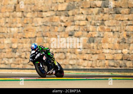 14 août 2020 ; Ciudad del Motor de Aragon, Alcaniz, Espagne ; WorldSBK, Aragon World Super Bike Test ; Roman Ramos de l'équipe Kawasaki Pedercini conduit le Kawasaki ZX-10RR Banque D'Images