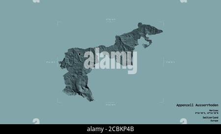 Zone d'Appenzell Ausserrhoden, canton de Suisse, isolée sur fond solide dans une boîte englobante géoréférencée. Étiquettes. Carte d'altitude en couleur. Banque D'Images