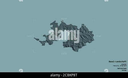 Zone de Bâle-Landschaft, canton de Suisse, isolée sur fond solide dans une boîte englobante géoréférencée. Étiquettes. Carte d'altitude en couleur. 3D ren Banque D'Images