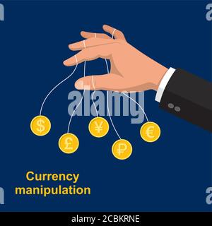 La main manipulant des billets de banque.le marionneteer dans le marché boursier.transactions de devise à l'échange.Illustration vectorielle dans le style plat. Illustration de Vecteur