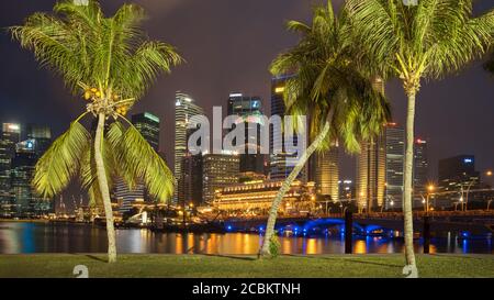 Palmiers devant le quartier financier la nuit, Singapour Banque D'Images