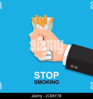 La main de l'homme gronde un paquet avec des cigarettes.concept d'un style de vie sain.non à fumer.illustration vectorielle dans le style plat. Illustration de Vecteur