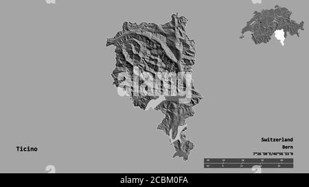 Forme du Tessin, canton de Suisse, avec sa capitale isolée sur fond solide. Échelle de distance, aperçu de la région et libellés. Élévation biniveau ma Banque D'Images