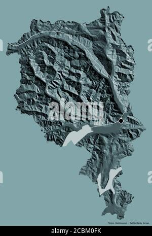 Forme du Tessin, canton de Suisse, avec sa capitale isolée sur un fond de couleur unie. Carte d'altitude en couleur. Rendu 3D Banque D'Images