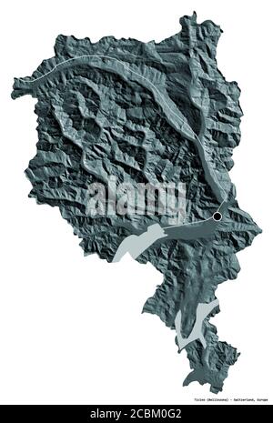 Forme du Tessin, canton de Suisse, avec sa capitale isolée sur fond blanc. Carte d'altitude en couleur. Rendu 3D Banque D'Images