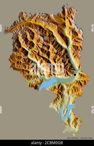 Forme du Tessin, canton de Suisse, avec sa capitale isolée sur un fond de couleur unie. Carte topographique de relief. Rendu 3D Banque D'Images