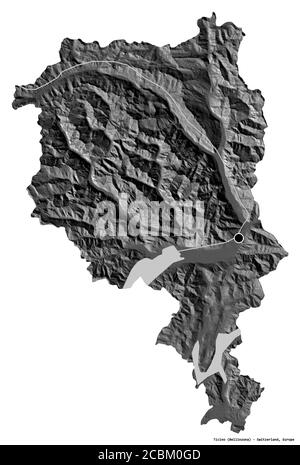 Forme du Tessin, canton de Suisse, avec sa capitale isolée sur fond blanc. Carte d'élévation à deux niveaux. Rendu 3D Banque D'Images