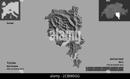 Forme du Tessin, canton de Suisse, et sa capitale. Echelle de distance, aperçus et étiquettes. Carte d'élévation à deux niveaux. Rendu 3D Banque D'Images