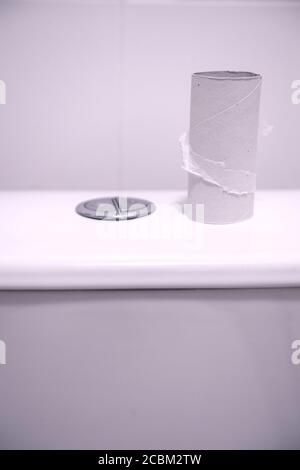 Rouleau de toilette usagé sur une citerne de toilette blanche Banque D'Images