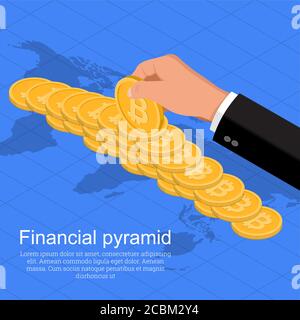 La main de l'homme d'affaires soutenant une pyramide de pièces bitcoin.World business concept.distribution de crypto-monnaie dans le monde.isometry. Style plat Illustration de Vecteur