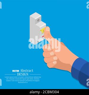 La main de l'électricien active l'interrupteur automatique d'une chaîne électrique. Isométrie. Style 3D. Illustration vectorielle. Conception plate. Illustration de Vecteur