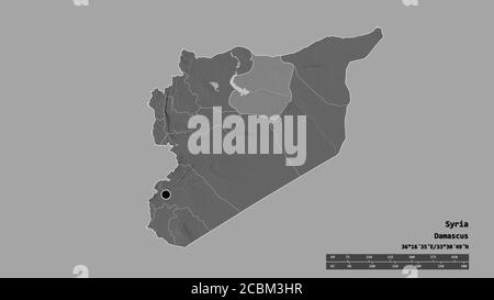 La forme désaturée de la Syrie avec sa capitale, sa principale division régionale et la région séparée d'AR Raqqqah. Étiquettes. Carte d'élévation à deux niveaux. Rendu 3D Banque D'Images