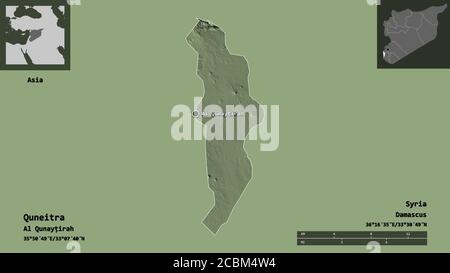 Forme de Quneitra, province de Syrie, et sa capitale. Echelle de distance, aperçus et étiquettes. Carte d'altitude en couleur. Rendu 3D Banque D'Images