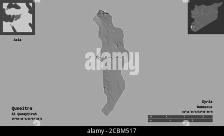 Forme de Quneitra, province de Syrie, et sa capitale. Echelle de distance, aperçus et étiquettes. Carte d'élévation à deux niveaux. Rendu 3D Banque D'Images