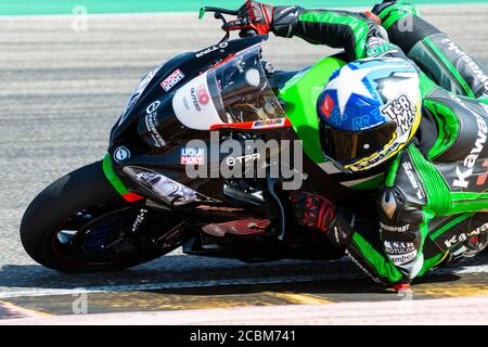 14 août 2020 ; Ciudad del Motor de Aragon, Alcaniz, Espagne ; Aragon World Super Bike Test ; Roman Ramos de l'équipe Kawasaki Pedercini fait le tour du Kawasaki ZX-10RR Banque D'Images