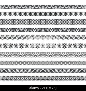 Ensemble vectoriel de séparateurs monochromes.bordures pour le texte, cartes d'invitation, diverses éditions d'impression. Motifs horizontaux homogènes. Éléments ethniques de d Illustration de Vecteur