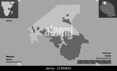 Forme de Mwanza, région de Tanzanie, et sa capitale. Echelle de distance, aperçus et étiquettes. Carte d'élévation à deux niveaux. Rendu 3D Banque D'Images