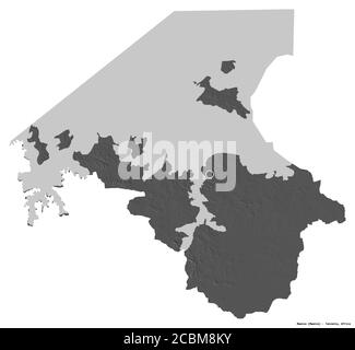 Forme de Mwanza, région de Tanzanie, avec sa capitale isolée sur fond blanc. Carte d'élévation à deux niveaux. Rendu 3D Banque D'Images