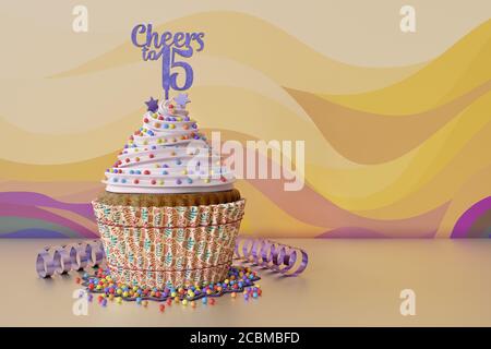 Rendu 3D d'un cucpake d'anniversaire sur fond orange Banque D'Images