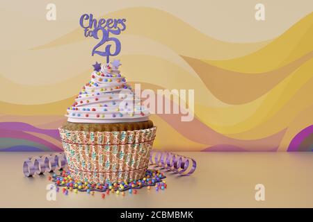 Rendu 3D d'un cucpake d'anniversaire sur fond orange Banque D'Images