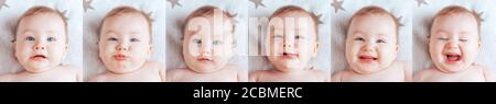 Collage de six photos d'un bébé, photos d'un bébé dans différentes émotions, d'un nouveau-né avec des yeux bleus et des cheveux blonds Banque D'Images