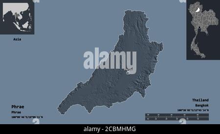 Forme de Phrae, province de Thaïlande, et sa capitale. Echelle de distance, aperçus et étiquettes. Carte d'altitude en couleur. Rendu 3D Banque D'Images