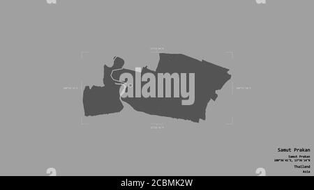 Région de Samut Prakan, province de Thaïlande, isolée sur un fond solide dans une boîte englobante géoréférencée. Étiquettes. Carte d'élévation à deux niveaux. Rendu 3D Banque D'Images