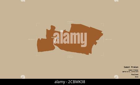 Région de Samut Prakan, province de Thaïlande, isolée sur un fond solide dans une boîte englobante géoréférencée. Étiquettes. Composition des textures répétées. Banque D'Images