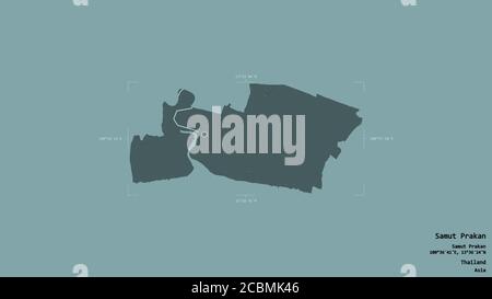 Région de Samut Prakan, province de Thaïlande, isolée sur un fond solide dans une boîte englobante géoréférencée. Étiquettes. Carte d'altitude en couleur. Rendu 3D Banque D'Images