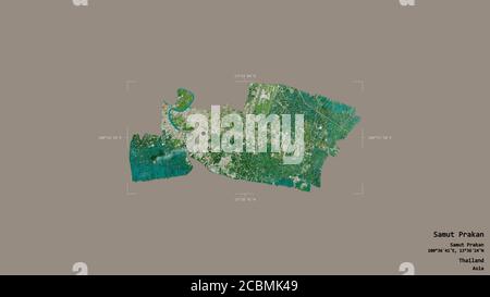 Région de Samut Prakan, province de Thaïlande, isolée sur un fond solide dans une boîte englobante géoréférencée. Étiquettes. Imagerie satellite. Rendu 3D Banque D'Images