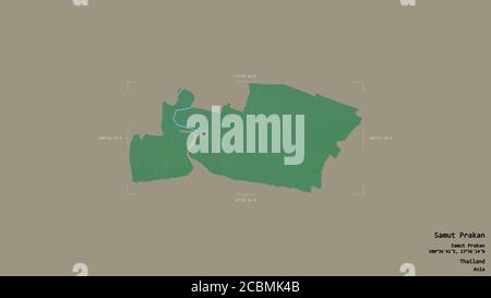 Région de Samut Prakan, province de Thaïlande, isolée sur un fond solide dans une boîte englobante géoréférencée. Étiquettes. Carte topographique de relief. Rendu 3D Banque D'Images