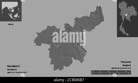 Forme de Saraburi, province de Thaïlande, et sa capitale. Echelle de distance, aperçus et étiquettes. Carte d'élévation à deux niveaux. Rendu 3D Banque D'Images