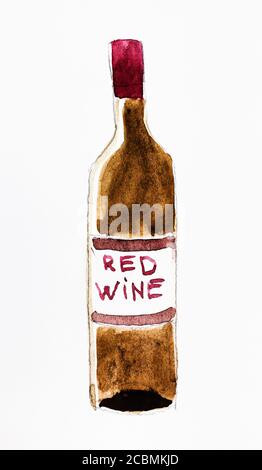 esquisse d'une bouteille de vin rouge peinte à la main par des aquarelles livre blanc Banque D'Images