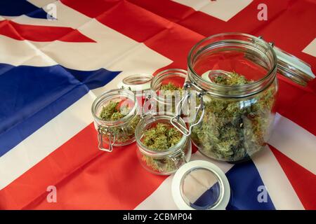 Grande quantité de boutons de cannabis. Pot en verre de marijuana sur drapeau britannique Banque D'Images