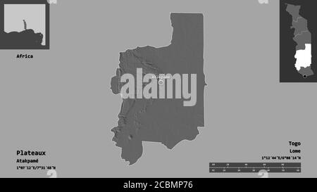 Forme des plateaux, région du Togo, et sa capitale. Echelle de distance, aperçus et étiquettes. Carte d'élévation à deux niveaux. Rendu 3D Banque D'Images