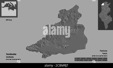 Forme de Jendouba, gouvernorat tunisien, et de sa capitale. Echelle de distance, aperçus et étiquettes. Carte d'élévation à deux niveaux. Rendu 3D Banque D'Images