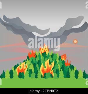 Les feux de forêts de montagne catastrophes télévision arbres vecteur. Les incendies de forêt détruisent l'environnement cartoon. Des pins, des cicatrices de feu soleil à travers la brume. La forêt en feu Illustration de Vecteur