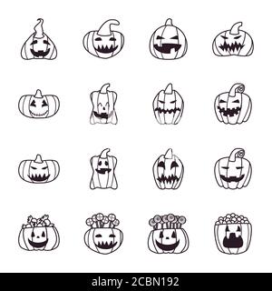 Pumpkins dessins animés forme libre collection de style de ligne d'icônes design, Halloween et thème de vacances illustration vectorielle Illustration de Vecteur