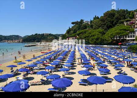 Vue imprenable sur une plage de sable avec des rangées de parasols, des personnes qui nagent et se bronzer et la côte en arrière-plan, Lerici, la Spezia, Italie Banque D'Images