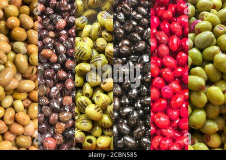 Collage de différents types d'olives comme arrière-plan Banque D'Images