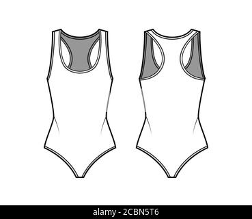 Body en jersey de coton, illustration technique de la mode, dos nageur, encolure en U profonde. Modèle de vêtement extérieur plat une pièce avant, arrière, couleur blanche. Femmes, hommes, unisex maillot de bain CAD maquette. Illustration de Vecteur