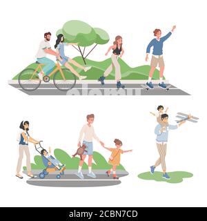 Joyeux souriant dans des vêtements confortables passer l'été ensemble plein air vecteur plat illustration. Des hommes et des femmes qui font du vélo, du patin à roulettes et du skateboard, jouant avec des enfants. Illustration de Vecteur