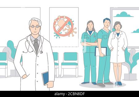 Les médecins, les infirmières et les travailleurs médicaux qui se tiennent ensemble dans la caricature vectorielle de l'hôpital présentent l'illustration. Souriant hommes et femmes en uniforme travaillant en clinique après une pandémie de coronavirus Covid-19. Illustration de Vecteur