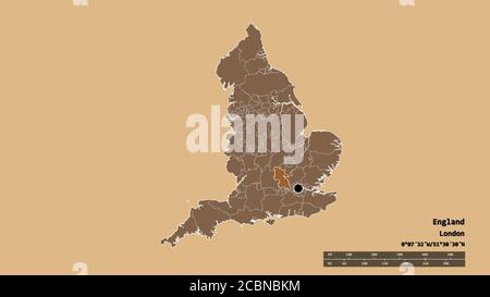 Forme désaturée de l'Angleterre avec sa capitale, sa principale division régionale et la région séparée de Buckinghamshire. Étiquettes. Composition de la texture à motifs Banque D'Images